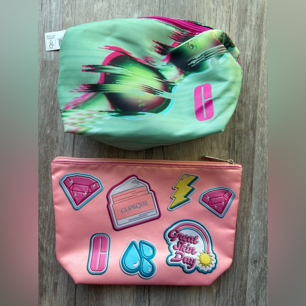2 Clinique Cosmetic Bags - Salmon Pink & Green Black Color